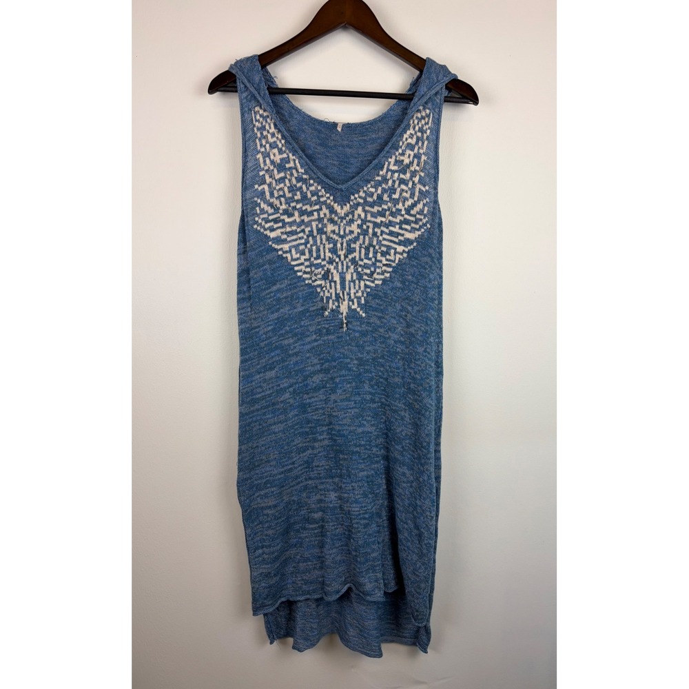 Free People Hooded Sweater Dress Medium Blue Boho Knit Sleeveless Midi High Low